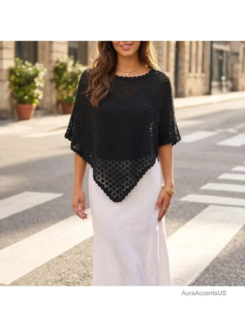 Womens Crochet Batwing Sleeve Poncho Scalloped Trim Off Shoulder Hollow Out